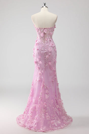 Lilac Strapless Corset Appliqued Mermaid Long Prom Dress